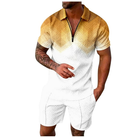 Mens Summer Outfits Shorts V Neck Tie-Dye Raglan Sleeve Coordinated Outfit Athletic Fit Summer Beach Walking Sets,Yellow,L