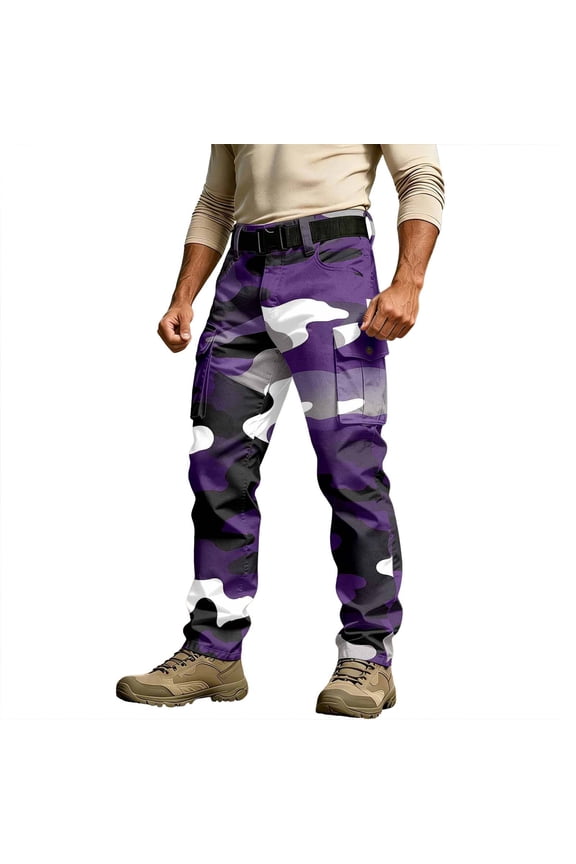 Mens Summer Pants Men's Rugged Outdoor Cargo Hiking Pants Camo Print Lightweight Comfortable Fit for Adventure and Work Dark Purple L