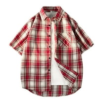 Mens Summer Plaid Shirt Short Sleeve Button Down Cardigan Casual Loose Fit Lapel Tops with Pocket