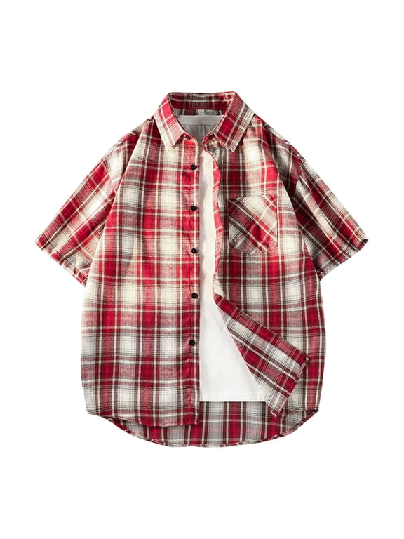 Mens Summer Plaid Shirt Short Sleeve Button Down Cardigan Casual Loose Fit Lapel Tops with Pocket
