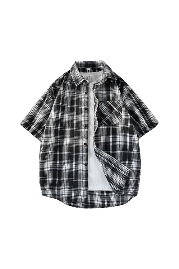 Mens Summer Plaid Shirt Short Sleeve Button Down Cardigan Casual Loose Fit Lapel Tops with Pocket