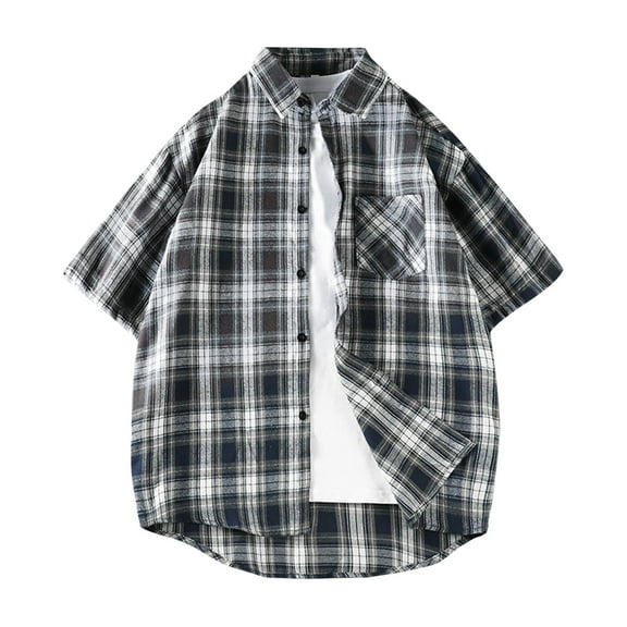 Mens Summer Plaid Shirt Short Sleeve Button Down Cardigan Casual Loose Fit Lapel Tops with Pocket