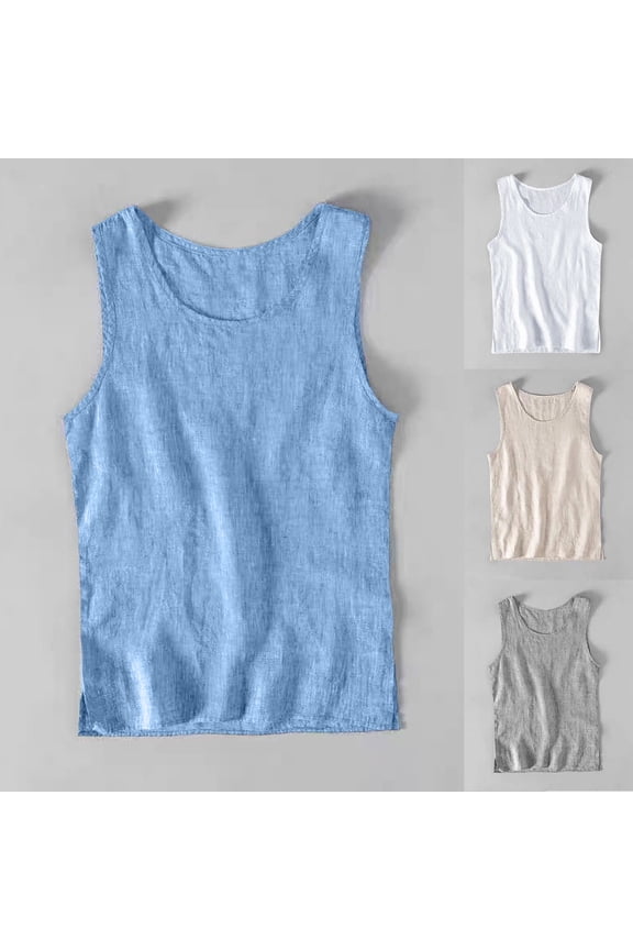 Mens Summer Retro Linen Tank Tops Sleeveless Lounge T Shirt Thin Breathable Undershirt Loose Casual Vest Beige XL