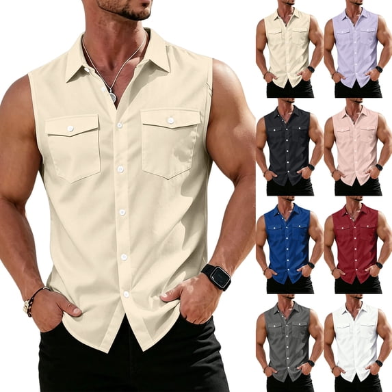 Mens Summer Shirt Button Down Breathable Collared Sleeveless Top Casual Lightweight Cotton Linen Tank Tops Dressy (3XL,Beige)