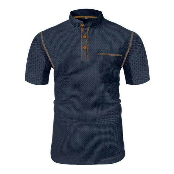 Mens Summer Shirts Fashion Solid Color Short Sleeved Button Pocket Stand Up CollarTop/Shirt Navy,S