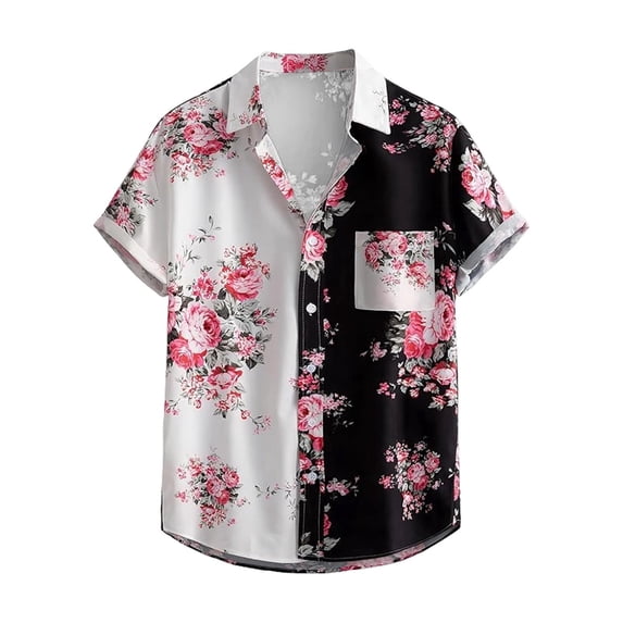 Mens Summer Shirts Lapel Button Down Short Sleeve Floral Print Basic Tops