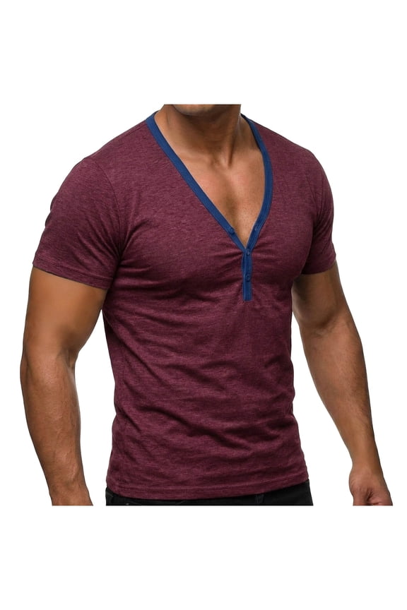 Mens Summer Shirts - Mens Cotton Linen Henley Shirt V Neck T Shirts Deep V Neck Tee Muscle Slim Fit Low Cut Tshirt