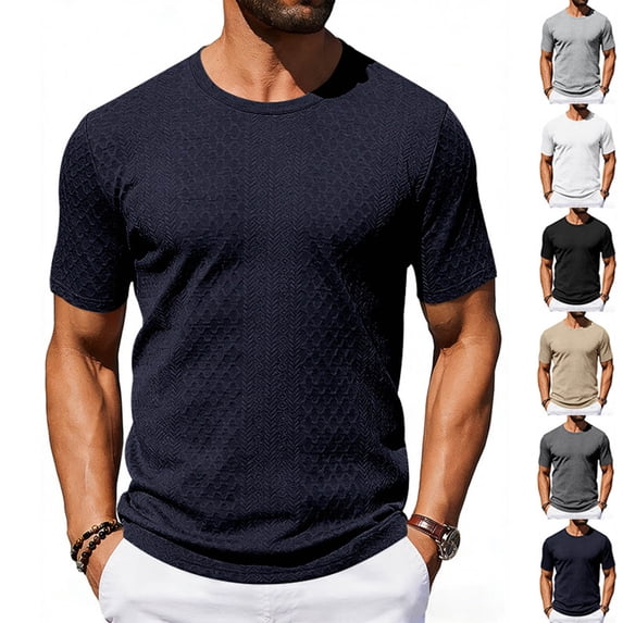 Mens Summer Shirts - Mens Short Sleeve T Shirts Casual Crewneck Solid Color Shirt Summer Cable Knitted Stretch Pullover Tees