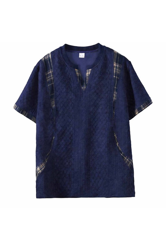 Mens Summer Shirts - Mens V Neck Sweatshirts Jacquard Short Sleeves Color Block Grid Decoration Wove Texture Comfy Loose Pullover Tops