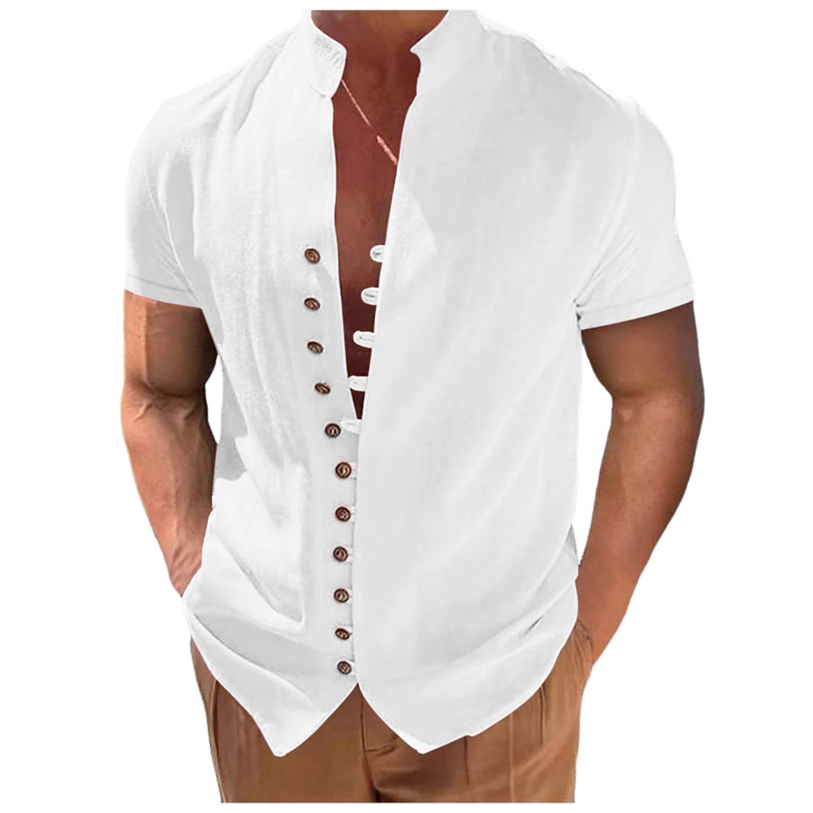 Mens Summer Shirts Short Sleeve Stand Cuban Summer Comfort Casual Shirt ...