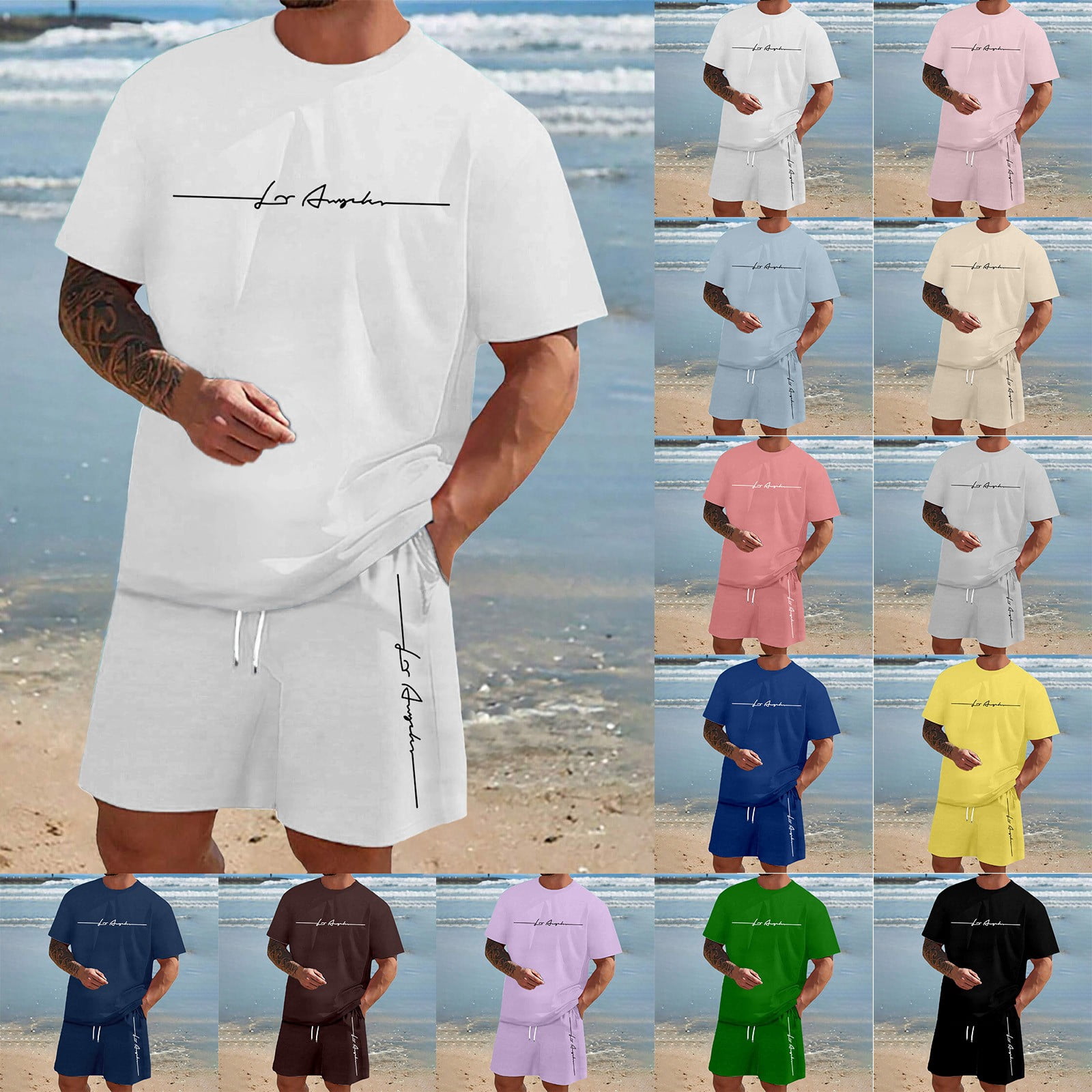 Men's casual plaid short-sleeved T-shirt + shorts two-piece set