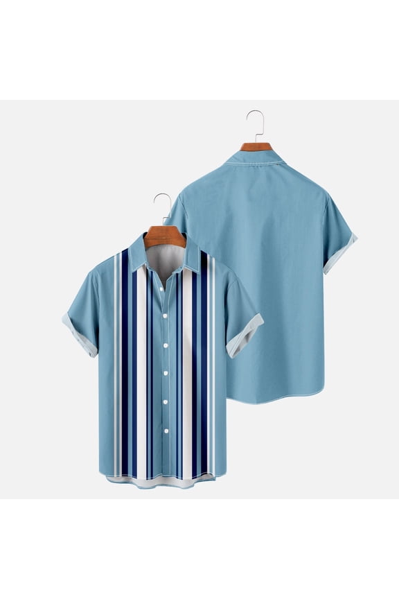 Mens Summer Short Sleeve T-Shirts Vertical Stripes Tops Casual Lightweight Lapel Button Down Shirts with Pocket