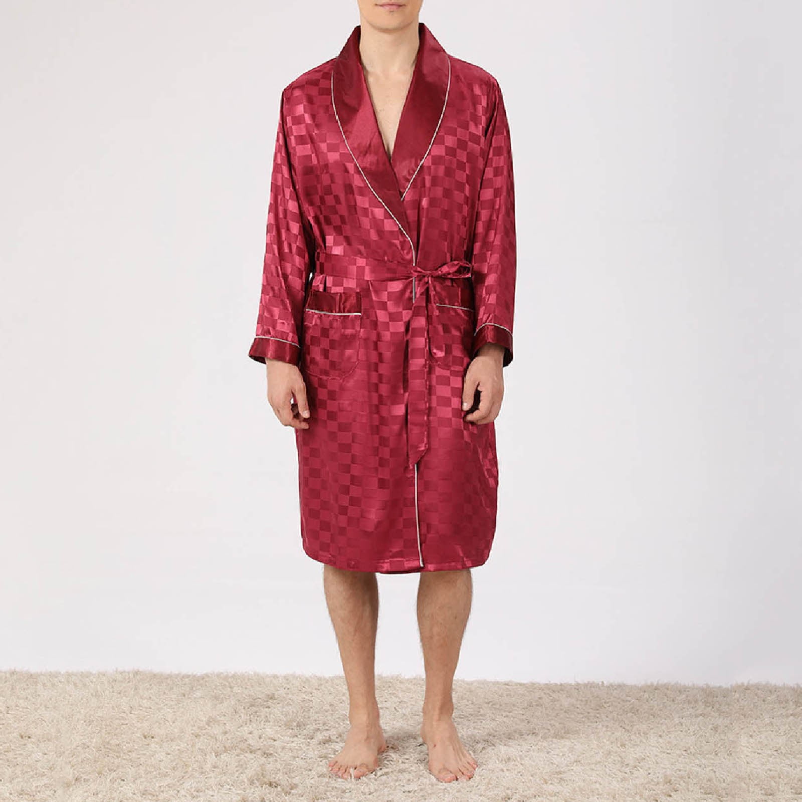 Mens Summer Silk Robe Two Piece Light Long Sleeved Pajamas Plus Size