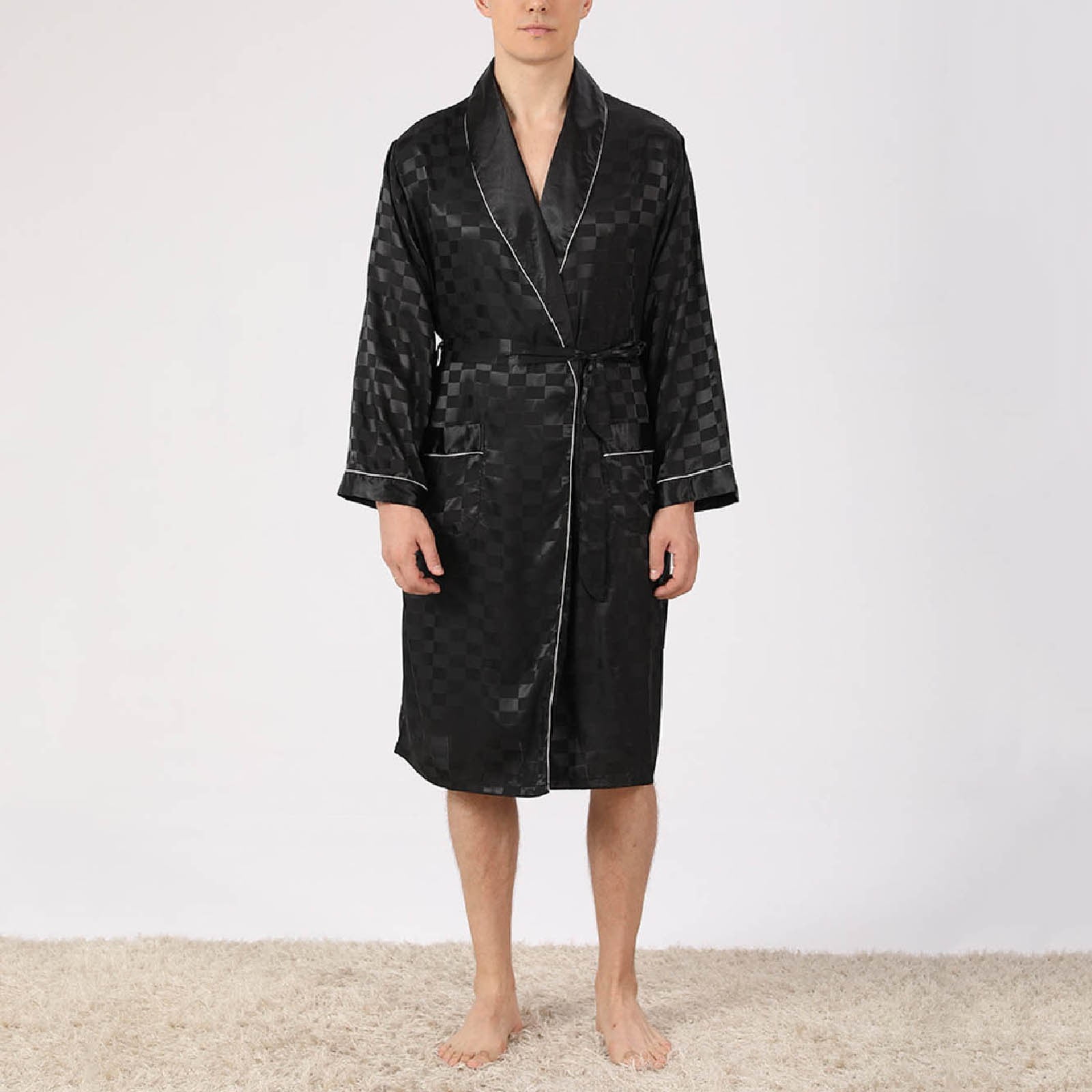 Mens Summer Silk Robe Two Piece Light Long Sleeved Pajamas Plus Size