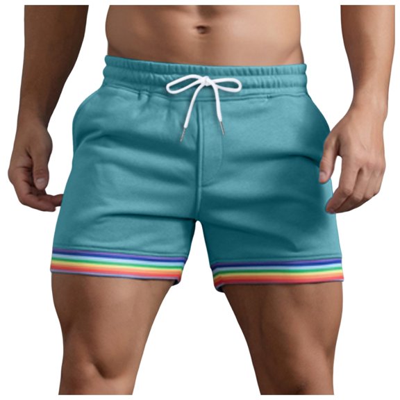 Mens Summer Solid Color Rainbow Pants - Drawstring Elastic Waist, Wide Leg, Casual Sports Shorts with Pockets - Beach Athletic Trousers