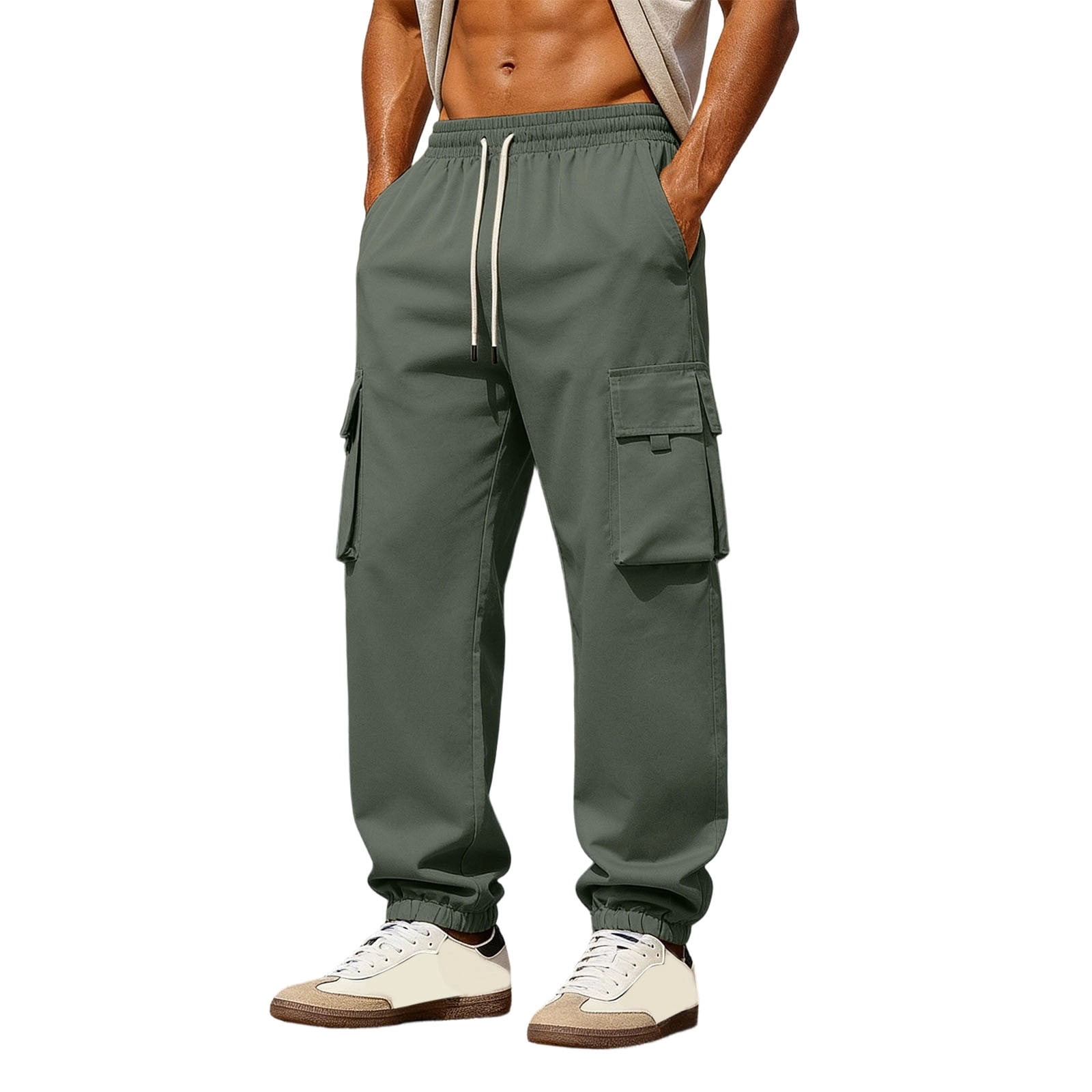 Mens Summer Spring Cargo Pants Solid Color Tight Waist Drawstring ...