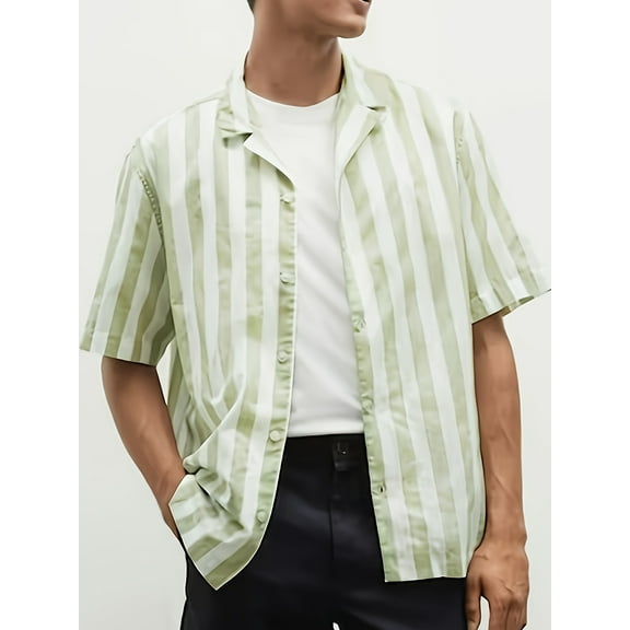 Mens Summer Striped Shirts Button Down Short Sleeve Vintage Beach Hawaiian Shirts Green 3XL