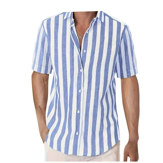 Mens Summer Striped Shirts Casual Stylish Button Down Dress T-Shirt Short Sleeve Vintage Beach Hawaiian Shirt