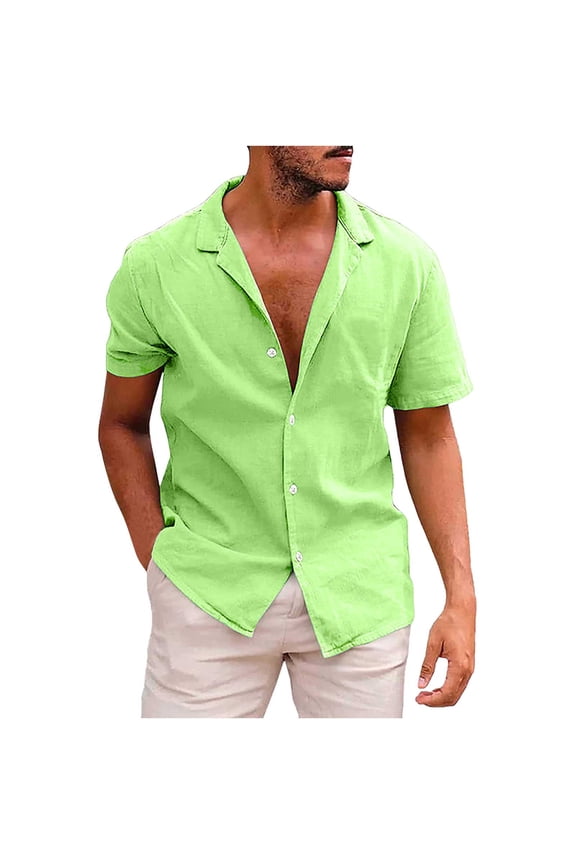 Mens Summer Stylish Linen Short Sleeve Shirts, Retro Button Down Lapel Shirt, Hawaiian Beach Casual Holiday Tops