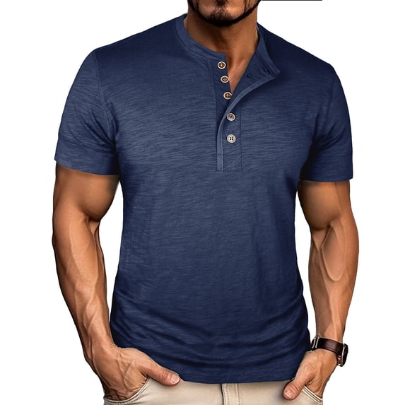 Mens Summer T Shirts Beach Tops Crew Neck Casual Button Solid Patchwork Short Sleeve T-Shirt Gym Workout Athletic Shirt Tees with Button - Blue∣L