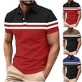 thumbnail image 1 of Mens Summer T Shirts Beach Tops Striped Print Casual Sport Button Short Sleeve Turndown Collar Beach Fashion Summer Tops - Red∣L, 1 of 6