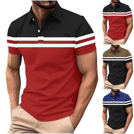 Mens Summer T Shirts Beach Tops Striped Print Casual Sport Button Short Sleeve Turndown Collar Beach Fashion Summer Tops - Red∣L