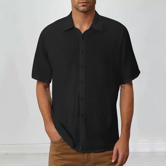 Mens Summer T Shirts Casual Solid Young Turn-down Collar With Pocket Button Short Sleeve Summer Classic Basic Tee Shirts - Black∣2XL