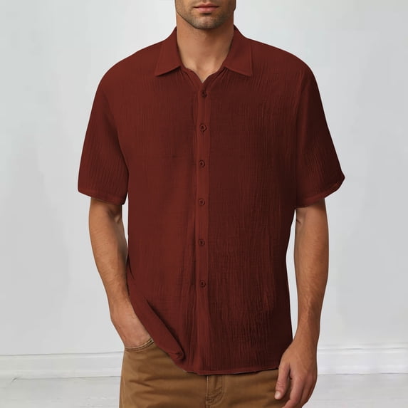 Mens Summer T Shirts Cotton Casual Solid Young Turn-down Collar With Pocket Button Short Sleeve Summer Classic Cotton T Shirts ( Red ) S-5XL