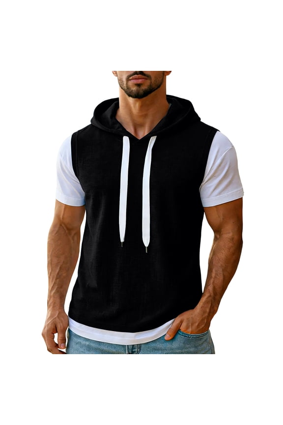 Mens Summer T Shirts Solid Color Short-Sleeved Hoodie Casual Breathable Patchwork Faux Two-Piece Summer Beach Shirt ( Black ) M-3XL
