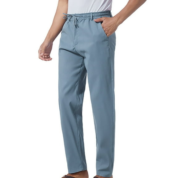 Mens Summer Thin Breathable Pants Elastic Waist Drawstring Solid Color Ankle Pants Slim Casual Staright Trousers with Pockets