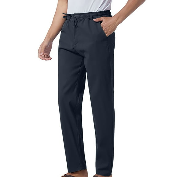 Mens Summer Thin Breathable Pants Elastic Waist Drawstring Solid Color Ankle Pants Slim Casual Staright Trousers with Pockets