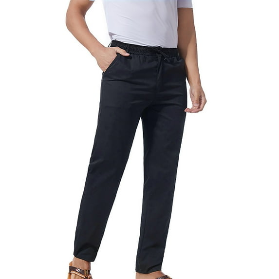 Mens Summer Thin Breathable Pants Elastic Waist Drawstring Solid Color Ankle Pants Slim Casual Staright Trousers with Pockets