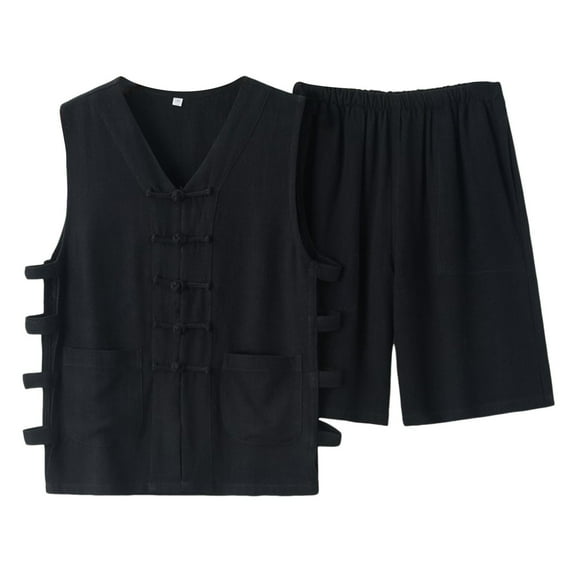Mens Summer Thin Cotton And Linen Vest V Neck Cardigan Shorts Casual Two Piece Suit