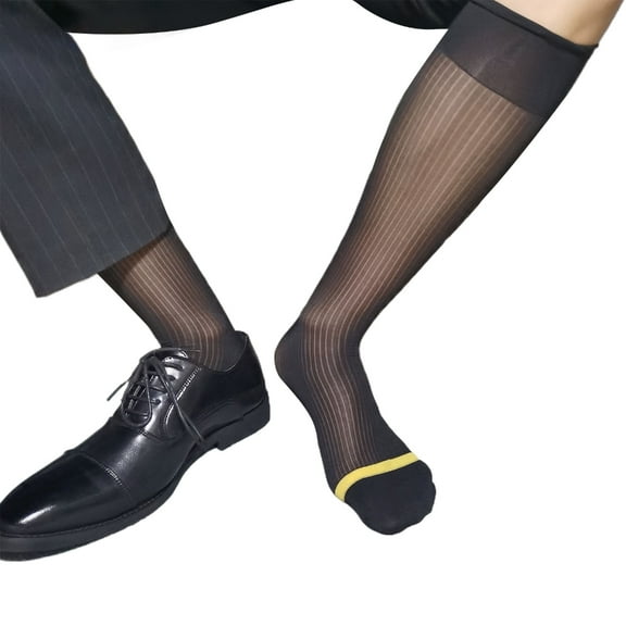Mens Summer Thin Sheer Formal Dress Socks Casual Business High Socks Nylon Breathable Over Calf Striped Long Stockings
