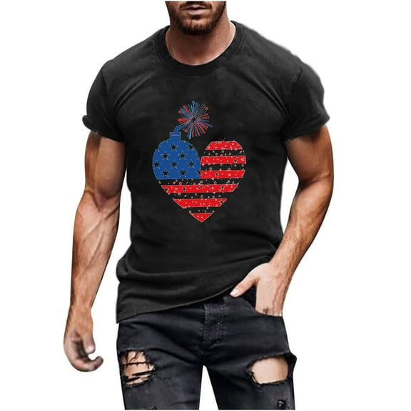 Mens Summer Tops Short Sleeve Mens 4Th Of July Shirts American Flag Patriotic Short Sleeve T-Shirt Black L