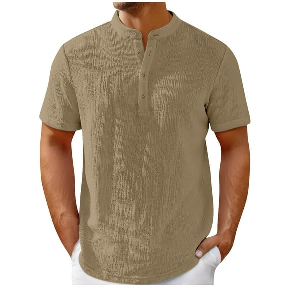 Mens Summer Tops, Short Sleeve Shirts for Men Casual Vintage Solid Color Button Up Notch Neck T-Shirts S-3XL