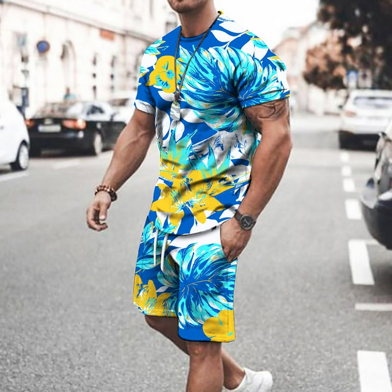 Mens Summer Tracksuit 2 Piece Outfits Print Short Sleeve T Shirts and Shorts Jogging Sets Men Athletic Sportswear Walmart