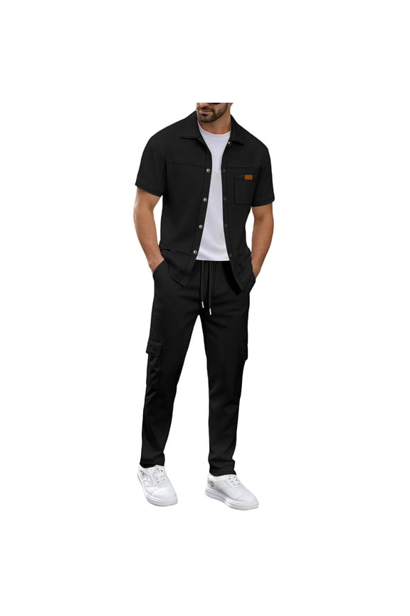 Mens Summer Waffle Knit 2 Piece Set Casual Outfits Button Down Short Sleeve Shirt & Loose Cargo Pants Tracksuit Walking Suits Black