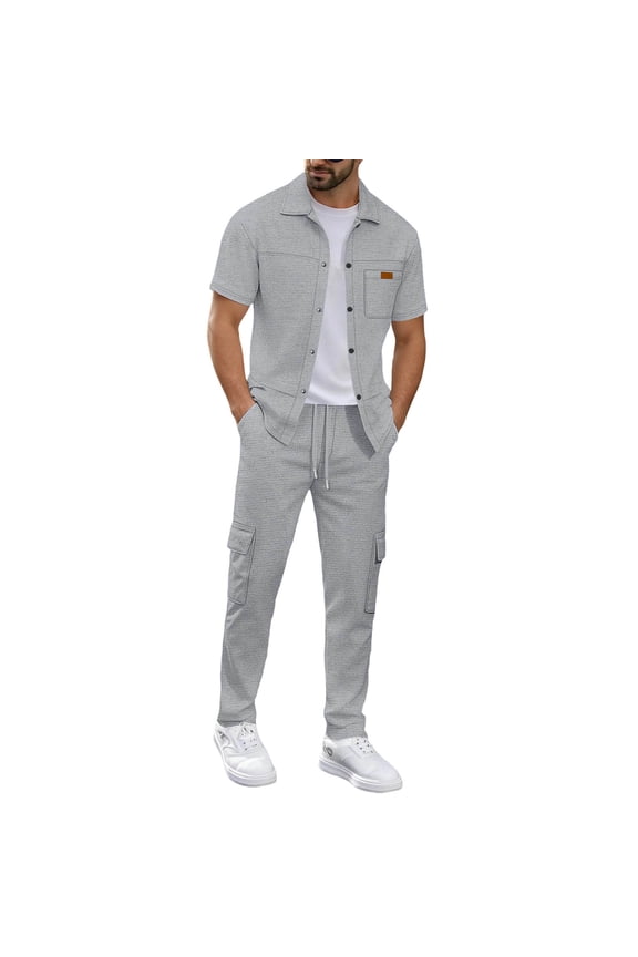 Mens Summer Waffle Knit 2 Piece Set Casual Outfits Button Down Short Sleeve Shirt & Loose Cargo Pants Tracksuit Walking Suits Gray