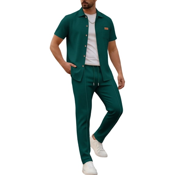 Mens Summer Waffle Knit Business 2 Piece Set Casual Outfits Button Down Short Sleeve Shirt & Loose Drawstring Pants Textured Striped Tracksuit Walking Suits Big and Tall Size S-3XL Army Green