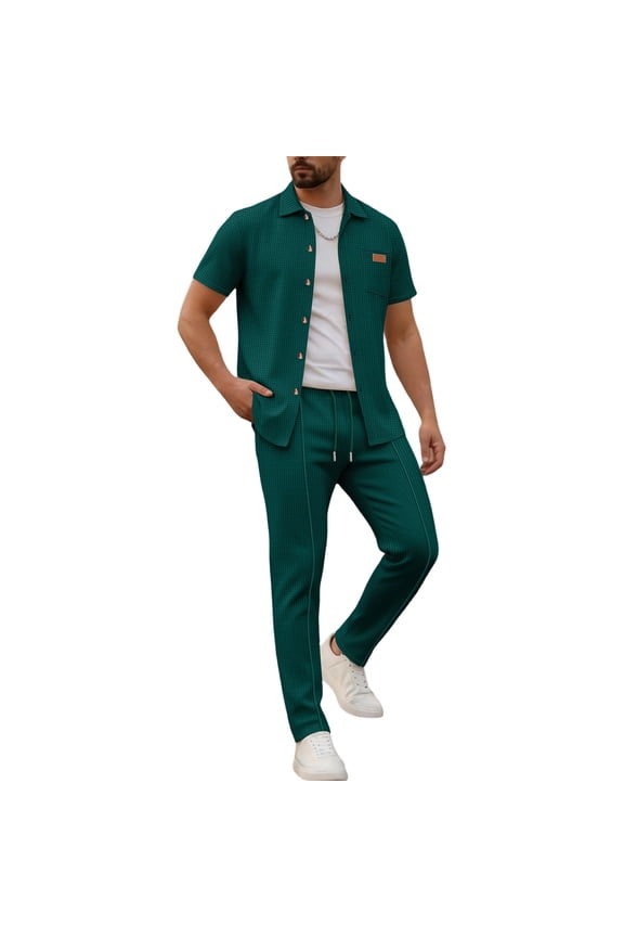 Mens Summer Waffle Knit Business 2 Piece Set Casual Outfits Button Down Short Sleeve Shirt & Loose Drawstring Pants Textured Striped Tracksuit Walking Suits Big and Tall Size S-3XL Army Green