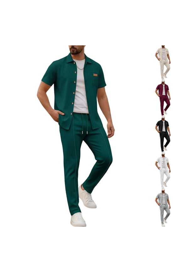 Mens Summer Waffle Knit Business 2 Piece Set Casual Outfits Button Down Short Sleeve Shirt & Loose Drawstring Pants Textured Striped Tracksuit Walking Suits Big and Tall Size S-3XL White