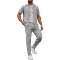 thumbnail image 1 of Mens Summer Waffle Knit Business 2 Piece Set Casual Outfits Button Down Short Sleeve Shirt & Loose Drawstring Pants Textured Striped Tracksuit Walking Suits Big and Tall Size S-3XL Gray, 1 of 5