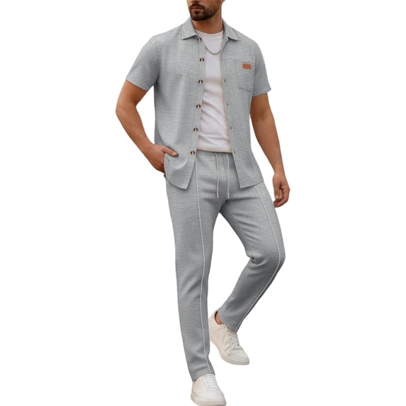 Mens Summer Waffle Knit Business 2 Piece Set Casual Outfits Button Down Short Sleeve Shirt & Loose Drawstring Pants Textured Striped Tracksuit Walking Suits Big and Tall Size S-3XL Gray