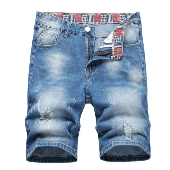 Mens Summer Wash Distressed Jean Shorts Button Zipper Closure Ripped Denim Short Straight Baggy Patchwork Shorts with Pockets