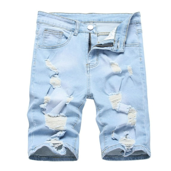 Mens Summer Wash Distressed Jean Shorts Button Zipper Closure Ripped Denim Short Straight Baggy Patchwork Shorts with Pockets