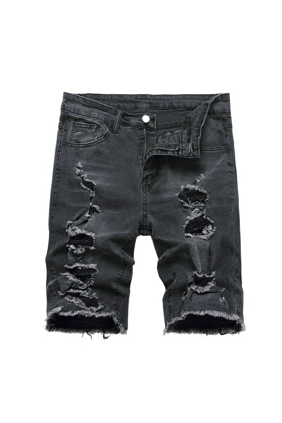 Mens Summer Wash Distressed Jean Shorts Button Zipper Closure Ripped Denim Short Straight Baggy Patchwork Shorts with Pockets