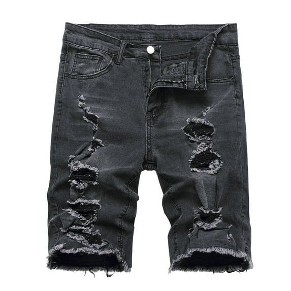 Mens Summer Wash Distressed Jean Shorts Button Zipper Closure Ripped Denim Short Straight Baggy Patchwork Shorts with Pockets