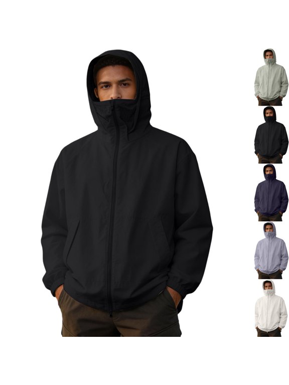 Mens Sun Protection Full Zip Hoodie with Neck Gaiter Face Mask Quick Dry Fishing Jacket for Boating Cruise Workout Training with Zip Pockets, Black, 3XL