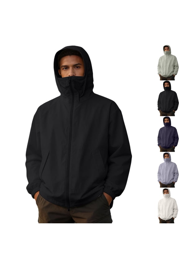 Mens Sun Protection Full Zip Hoodie with Neck Gaiter Face Mask Quick Dry Fishing Jacket for Boating Cruise Workout Training with Zip Pockets, Black, 3XL